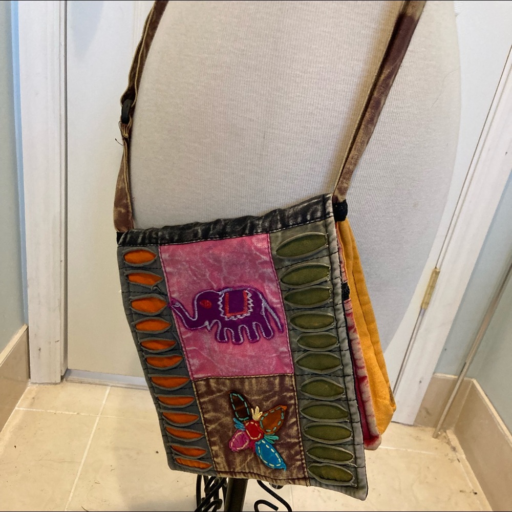 HANDMADE embroidered orange pink green blue tan purple distressed messenger bag